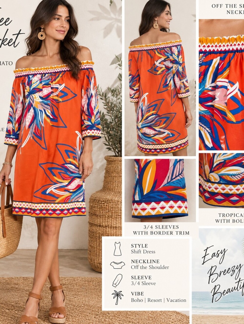 Free Market by Flying Tomato S Orange Tropical Floral Off Shoulder Dress Boho